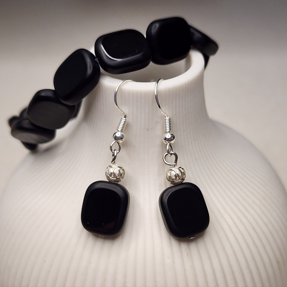 Black Glass & .925 Sterling Silver Bracelet & Earring Set